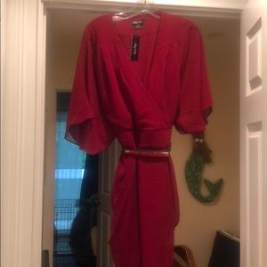 Red faux wrap dress with belt, size 16 NEW